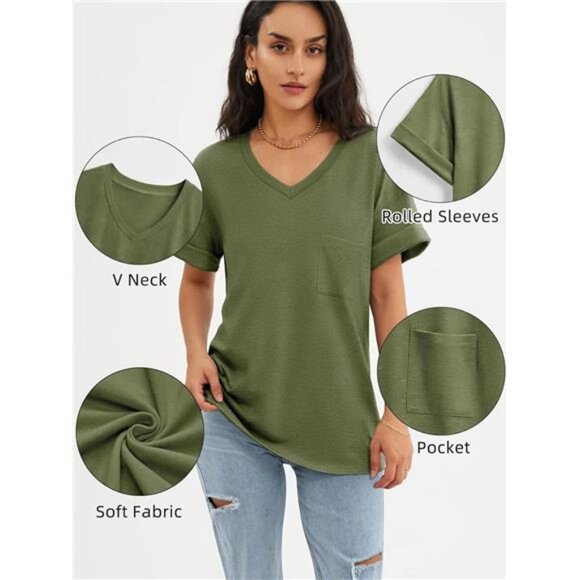 Women's Army Green T Shirts Short Sleeve‎ V-Neck Shirts Cute Casual for Summer - Picture 4 of 6